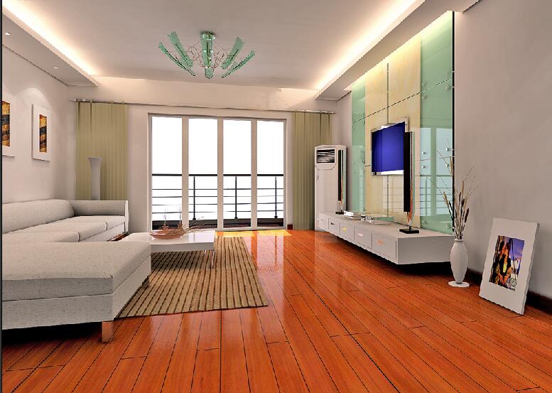 铁岭明珠园淡绿色客厅创意吊灯红木地板开放式阳台移门拼色电视墙效果图