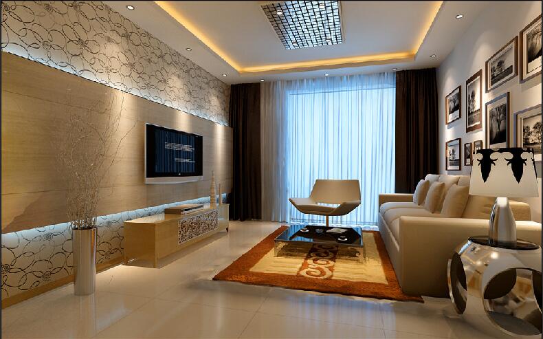 铁岭北柳家园现代客厅饰面板电视墙咖啡色窗帘一字型沙发照片墙效果图