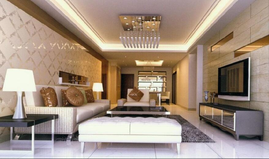 铁岭隆华园欧式客厅瓷砖电视墙珠帘吊灯沙发长凳效果图
