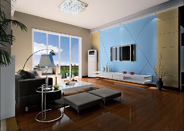 铁岭心悦家园不规则蓝色电视墙红木地板简易沙发效果图