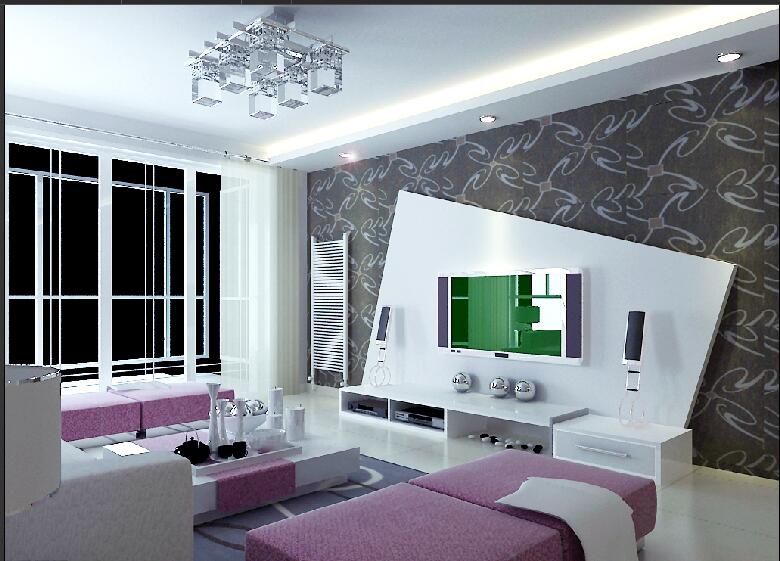 铁岭中兴小区创意不规则电视墙枚红色沙发客厅灯白色暖气片效果图