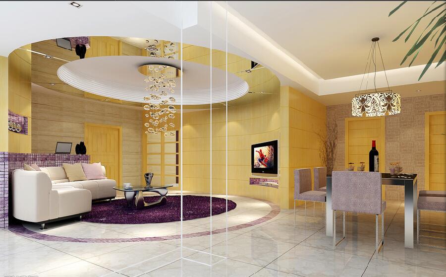 朝阳蓝海城简欧椭圆形客厅吊顶创意珠帘吊灯方形餐桌椅紫色沙发效果图