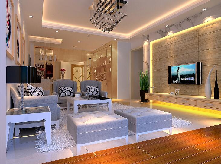 朝阳二院公寓现代客厅瓷砖电视墙珠帘客厅吊灯麻灰色沙发效果图