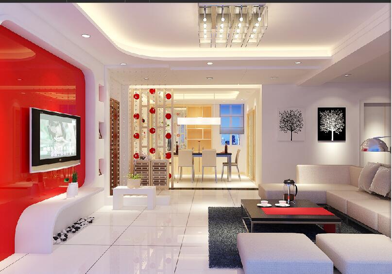 朝阳三合家园现代红色电视背景墙客厅水晶珠帘隔断方形沙发效果图