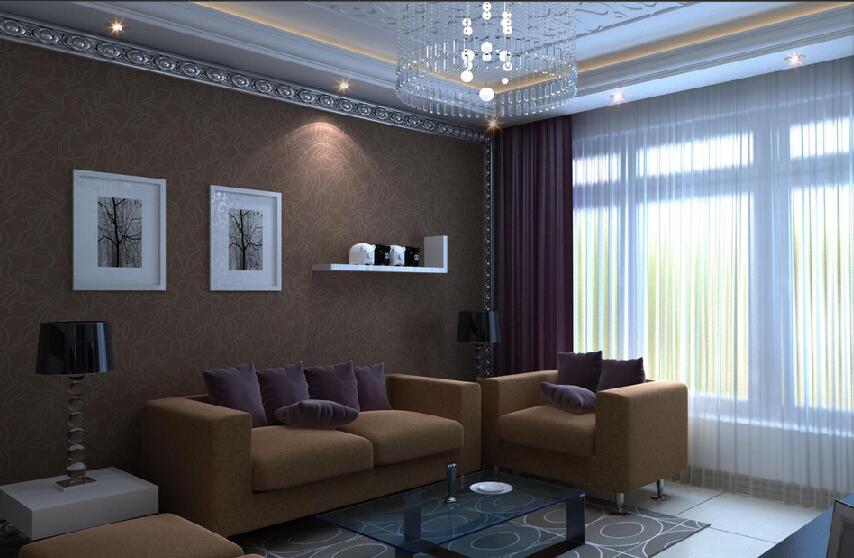 朝阳盛泰大厦现代客厅圆形珠帘吊灯咖啡色沙发紫色窗帘效果图