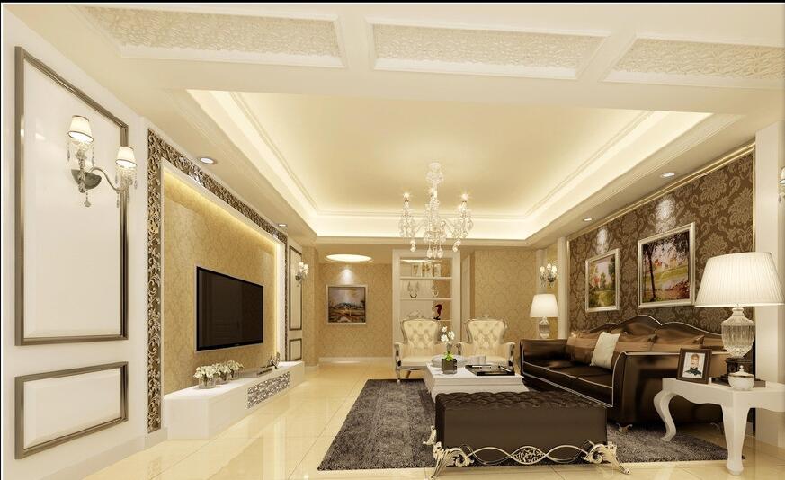 朝阳华东逸园简欧客厅水晶灯金色客厅壁纸欧式组合沙发效果图