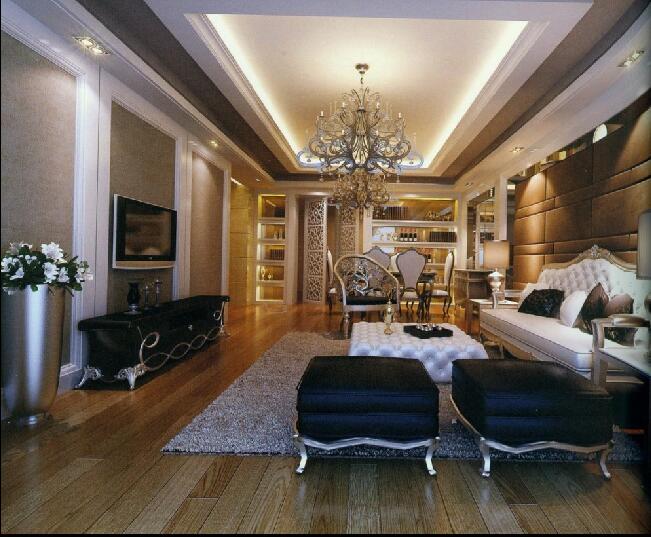 朝阳华恒·金域澜庭欧式客厅软包沙发墙黑色皮沙发欧式水晶灯效果图