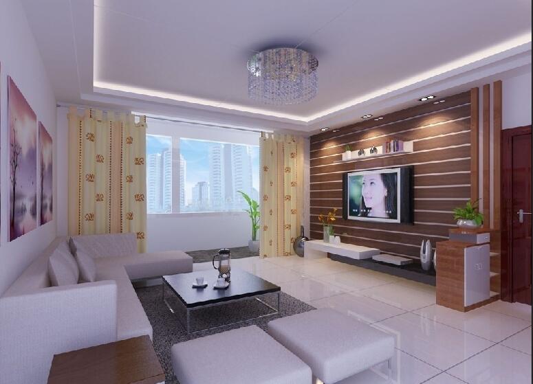 朝阳泓都城简约客厅珠帘吊灯咖啡色电视墙白色组合沙发效果图