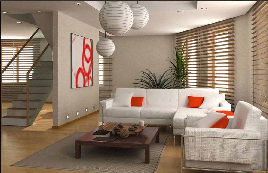 葫芦岛金科·托斯卡纳复式楼客厅百叶窗不锈钢组合沙发椅球形吊灯效果图