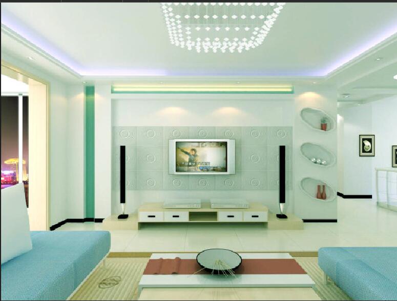 葫芦岛双兴六月天清新客厅淡绿色客厅墙壁珠帘吊灯蓝色沙发效果图