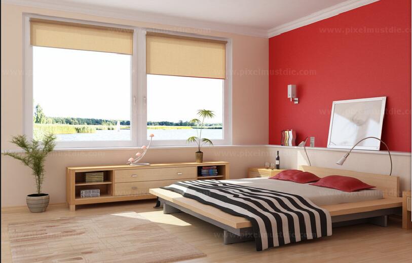 葫芦岛宏运新城红色卧室墙壁卷帘窗户榻榻米床效果图