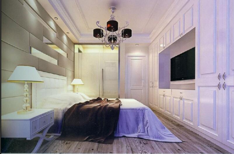 葫芦岛宏运中央公园现代卧室橱柜嵌入式电视墙黑色吊灯效果图