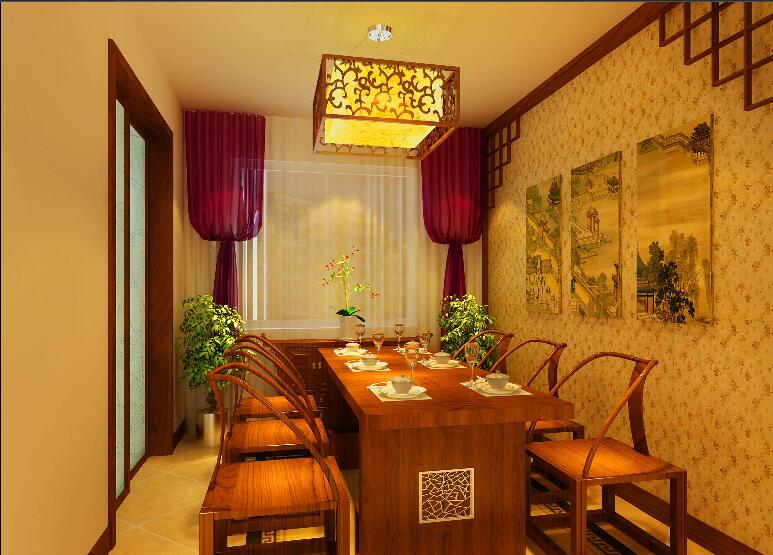长春恒兴国际城中式餐厅创意实木桌椅镂空中式吊灯印花壁纸效果图