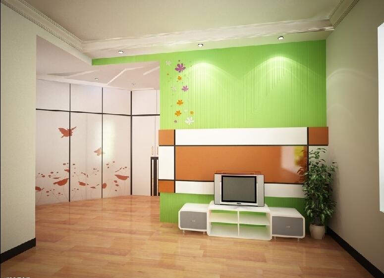长春红晟陶然公寓淡绿色电视墙中空吊顶木地板效果图