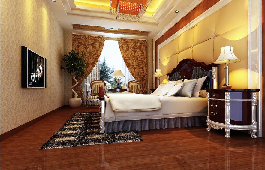 吉林安宁小区奢华欧式卧室黄色软包床头红色珠帘吊灯木地板效果图