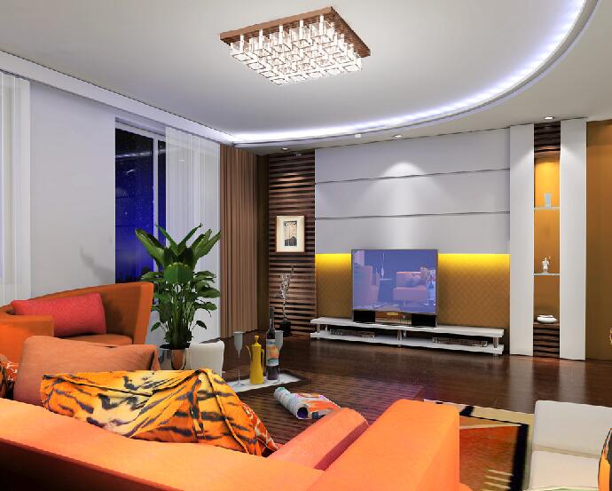 四平大禹加州湾现代不规则客厅吊顶橘红色沙发木条电视墙效果图