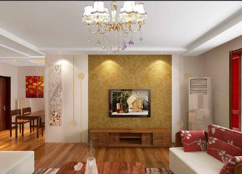 四平巨展彩虹城现代简欧黄色电视墙水晶灯木地板红白沙发效果图