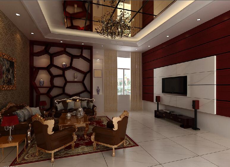 通化桂名西苑复式欧式客厅镜面吊顶创意吊灯红白嵌入式电视墙效果图