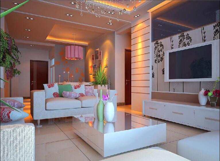 白山锦绣家园现代客厅珠帘吊灯方形沙发筒灯吊顶镜面电视墙效果图