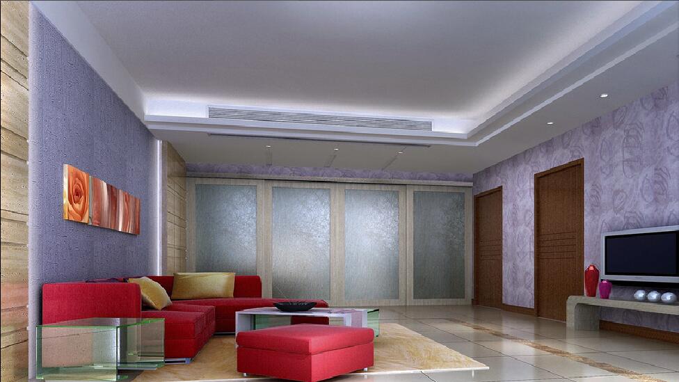 白山鑫德名仕方形大客厅红色沙发玻璃茶几淡紫色壁纸效果图