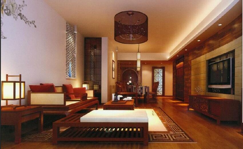 松原镜湖波尔多复古中式客厅实木家具弧形嵌入式电视墙柱形吊灯效果图