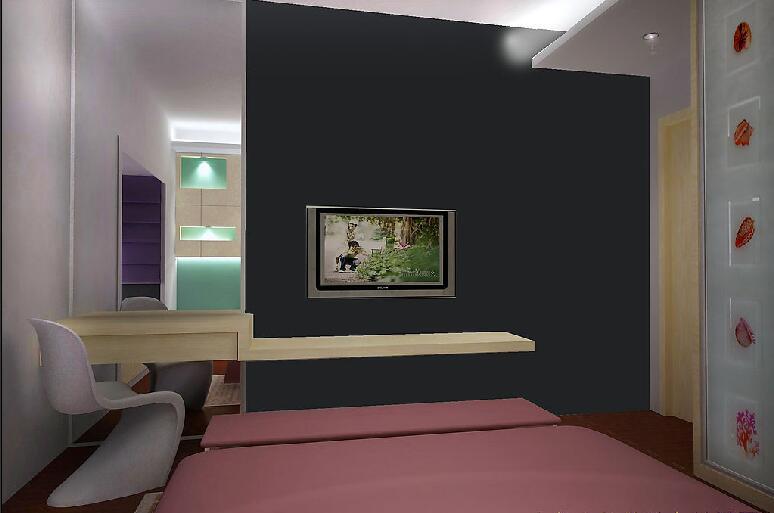 松原松润家园20平米卧室黑色嵌入式电视墙淡红色床品效果图