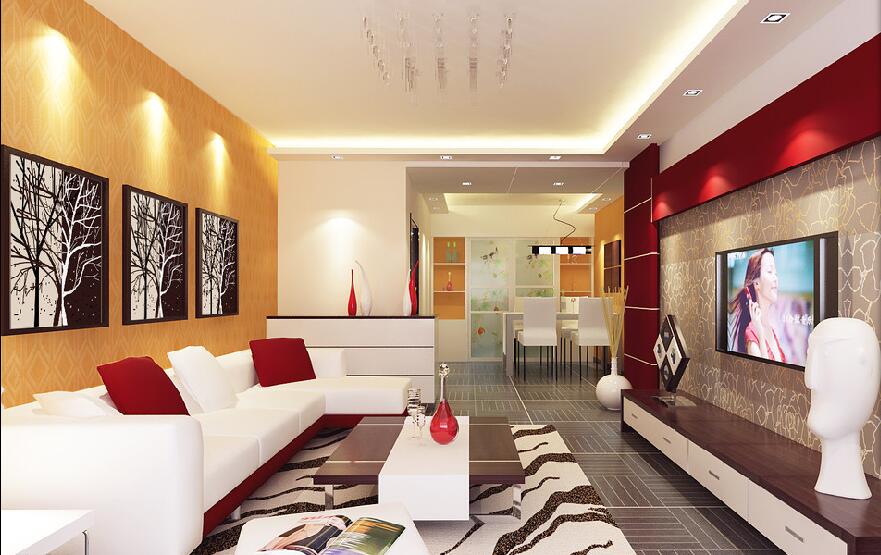 白城玫瑰苑小区70平米现代客厅红白沙发黄色沙发墙玄关柜珠帘吊灯效果图
