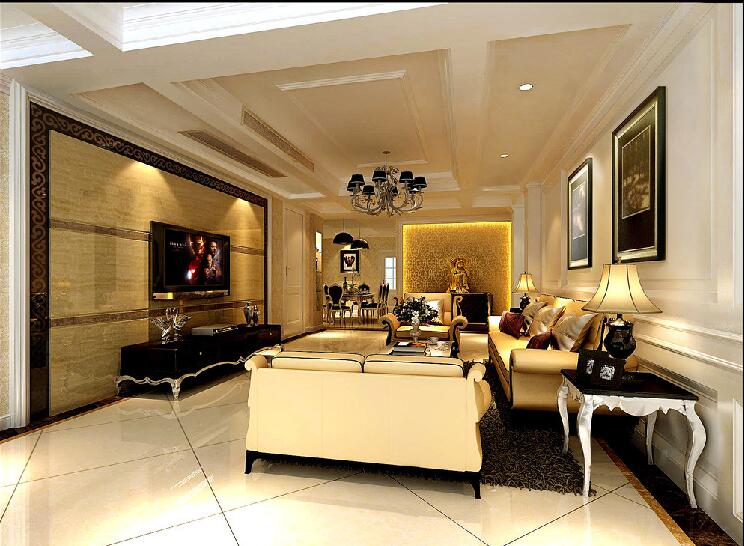 白城华建家园现代简欧客厅方格石膏吊顶欧式家具黑色水晶灯效果图