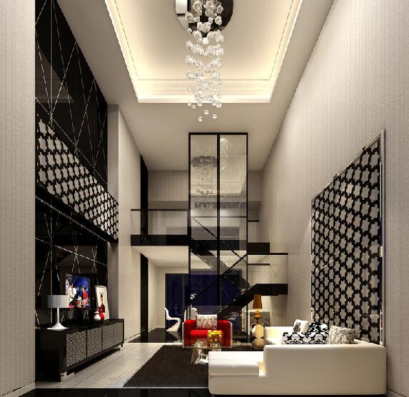 延边文萃苑复式楼挑高客厅菱形黑色电视墙白色沙发效果图