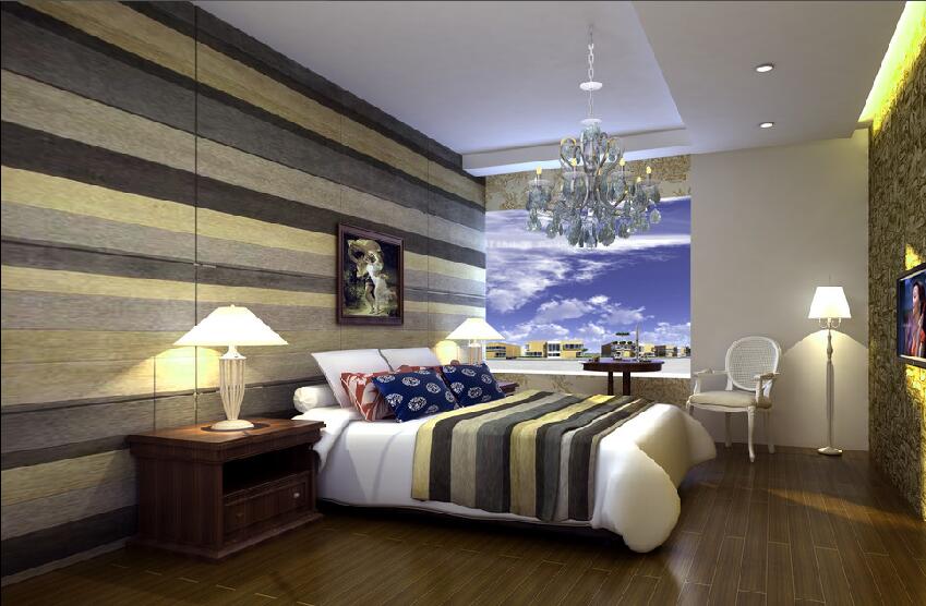 哈尔滨保利上城40平米卧室条纹背景墙条纹床品水晶吊灯木地板效果图