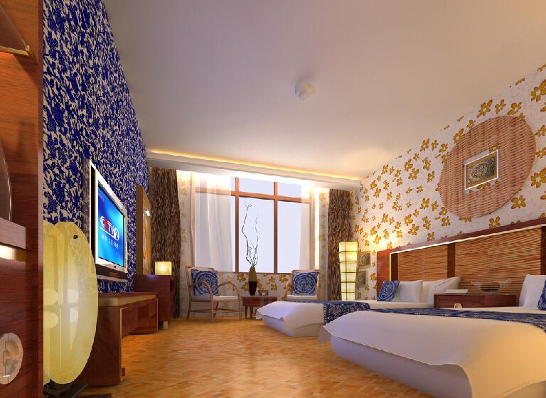 齐齐哈尔民富乐园酒店双人标间蓝色碎花电视墙木地板榻榻米效果图