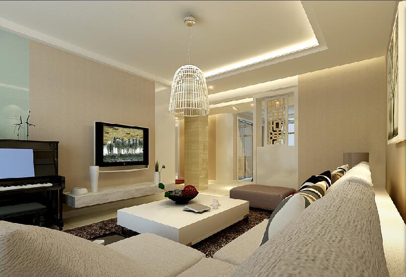 鸡西宏宇金丰现代60平米客厅鸟笼吊灯镂空屏风L形组合沙发效果图