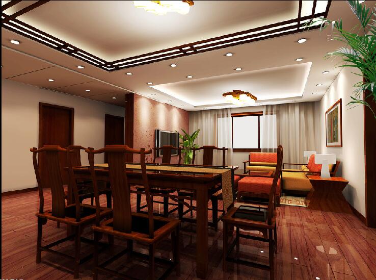 鸡西荟源星城中式餐厅红木餐桌椅中式雕花筒灯吊顶效果图