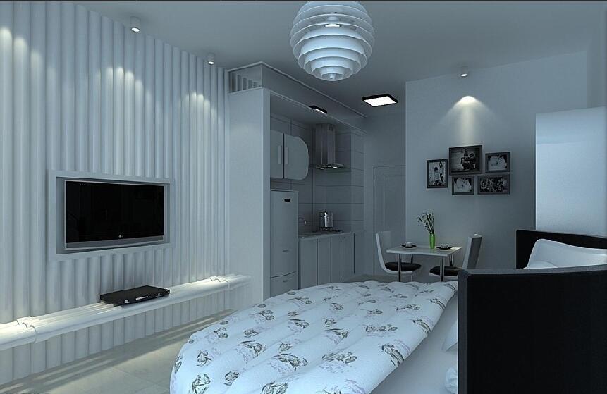 鸡西万方福苑现在卧室创意吊灯PVC管状嵌入式电视墙圆形床效果图