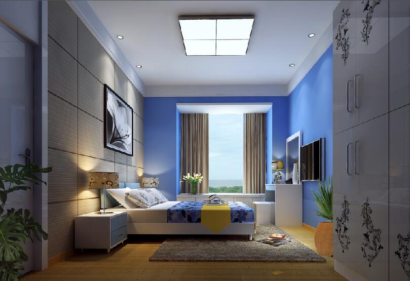 鸡西东岸名苑简约卧室蓝色墙壁卧室飘窗白色烤漆印花衣柜效果图