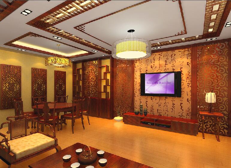 鹤岗德丰绿色家园中式客厅餐厅一体雕花板吊顶博古架书法电视墙效果图