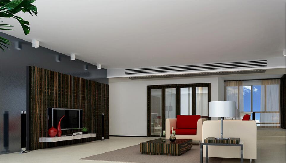 双鸭山铂金湾60平米大客厅红白沙发黑色背景墙条纹电视墙效果图
