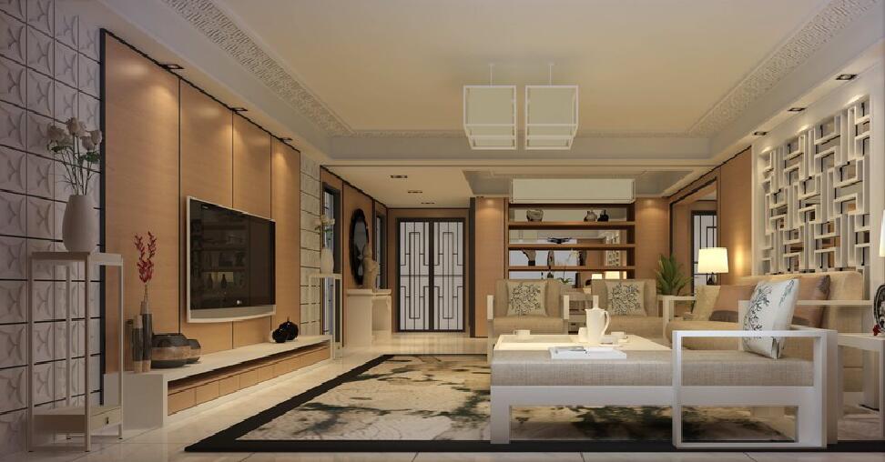 大庆新村一区方形大客厅白色木架沙发雕花板吊顶沙发背景隔板效果图