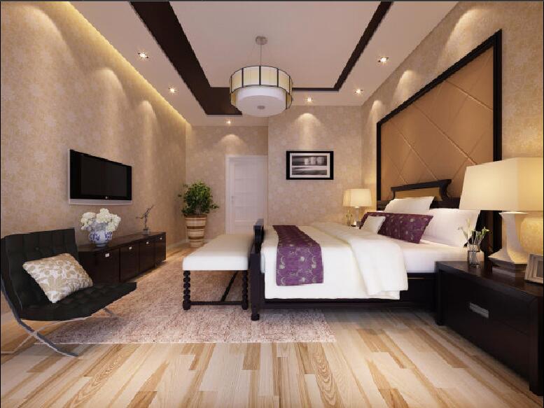 大庆巨鹰国际长方形卧室黄色壁纸黑白吊顶菱形软包床头支架沙发效果图