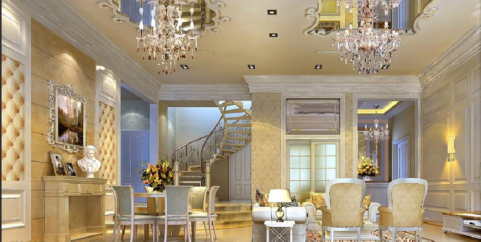 大庆沿湖城奢华欧式客厅复式楼旋转楼梯双吊灯镜面吊顶镜面设计效果图
