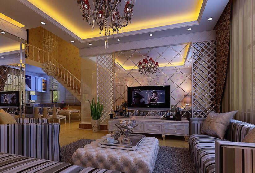 佳木斯谷丰家园奢华欧式客厅珠帘长吊灯菱形镜面电视墙条纹沙发效果图