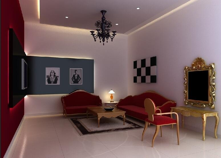 佳木斯世水家园小客厅黑色吊灯红色沙发红色电视墙效果图