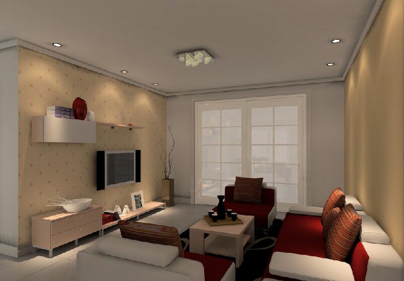 牡丹江永安家园现代客厅电视墙纸方格阳台移门红白方形沙发效果图