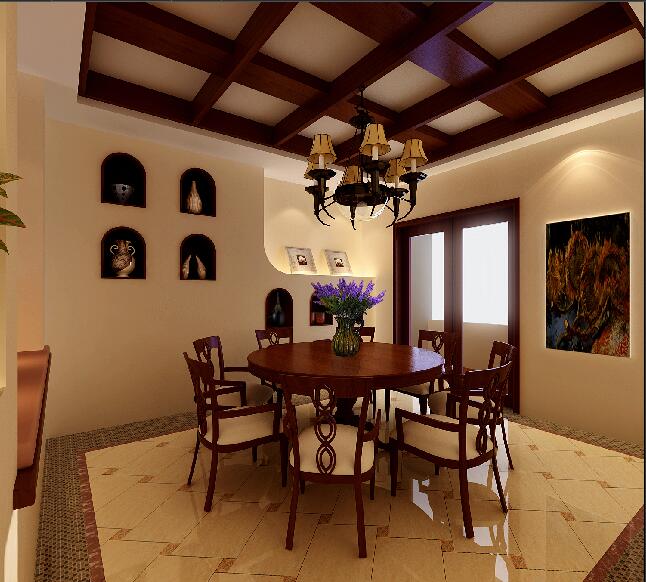 绥化温馨别墅中式卧室圆形红木餐桌椅方格木条吊顶效果图