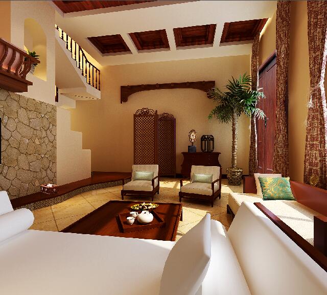 大兴安岭和谐家园中式复式别墅挑高客厅拐角红木楼梯白色沙发效果图