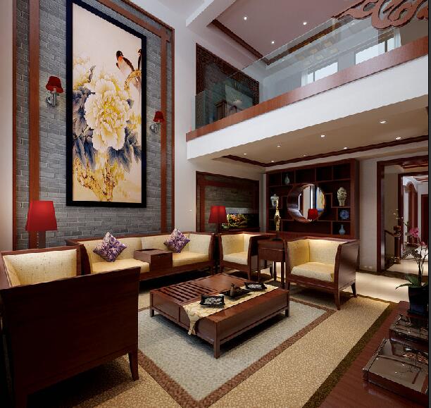 郑州郑地璞园别墅中式挑高客厅牡丹花电视墙纸方形沙发效果图