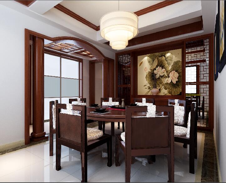 郑州福临公馆中式圆形餐厅拱形过道门餐厅圆柱雕花板隔断效果图
