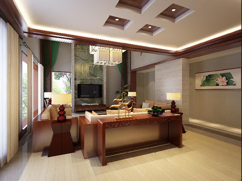 安阳东方名苑60平米中式客厅红木沙发瓷砖隔断墙浅色窗帘效果图
