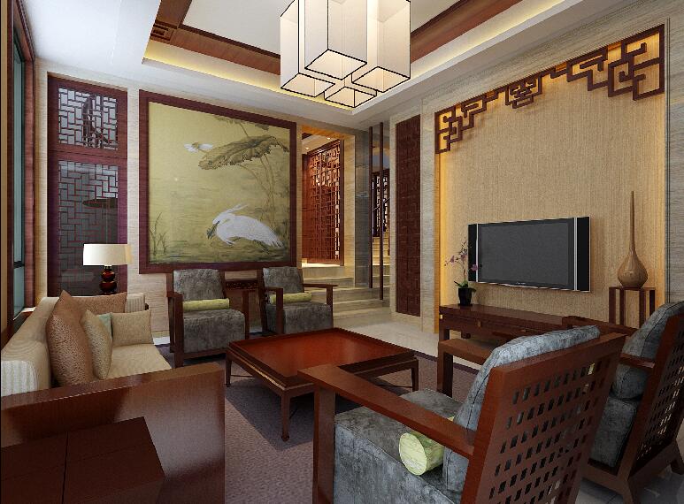 安阳相州小区中式客厅方形沙发雕花板电视墙荷花壁纸效果图