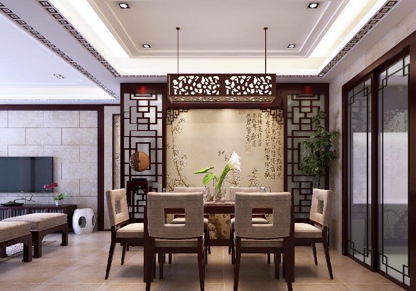 安阳安泰嘉苑简中式餐厅镂空雕花吊顶雕花板玄关墙效果图